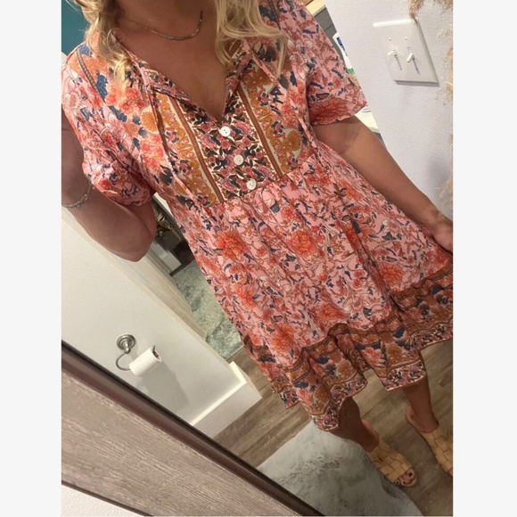 Floral Print Pink Red Flowy Loose Fitting Short Sleeve Mini Dress Neck Ties - Picture 12 of 16